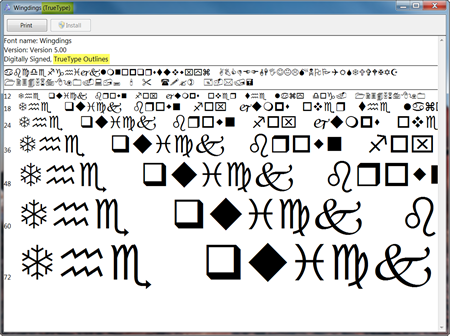 Screen capture of an TrueType font's information box in Windows. The words TrueType are visible in the top bar as well as in the font's description below.