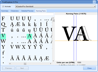 Screen capture of kerning pairs in Font Explorer Pro.