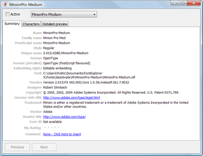 Screen capture of font details in Font Explorer Pro.
