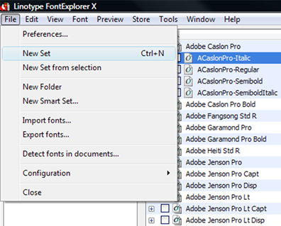 Screen capture of creating a font set in Font Explorer Pro.