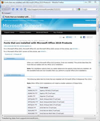 Screen capture of list of Office 2010 fonts.