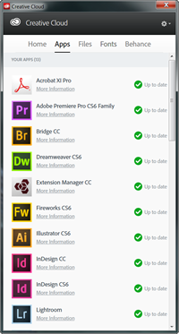 Screen capture of Adobe's Creative Cloud manager panel.