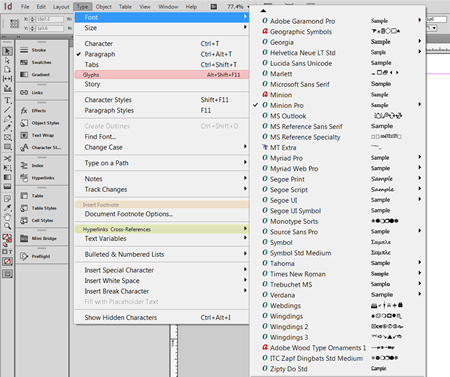 Screen capture from Adobe InDesign's font menu shows different icons for PostScript, TrueType, and OpenType fonts.