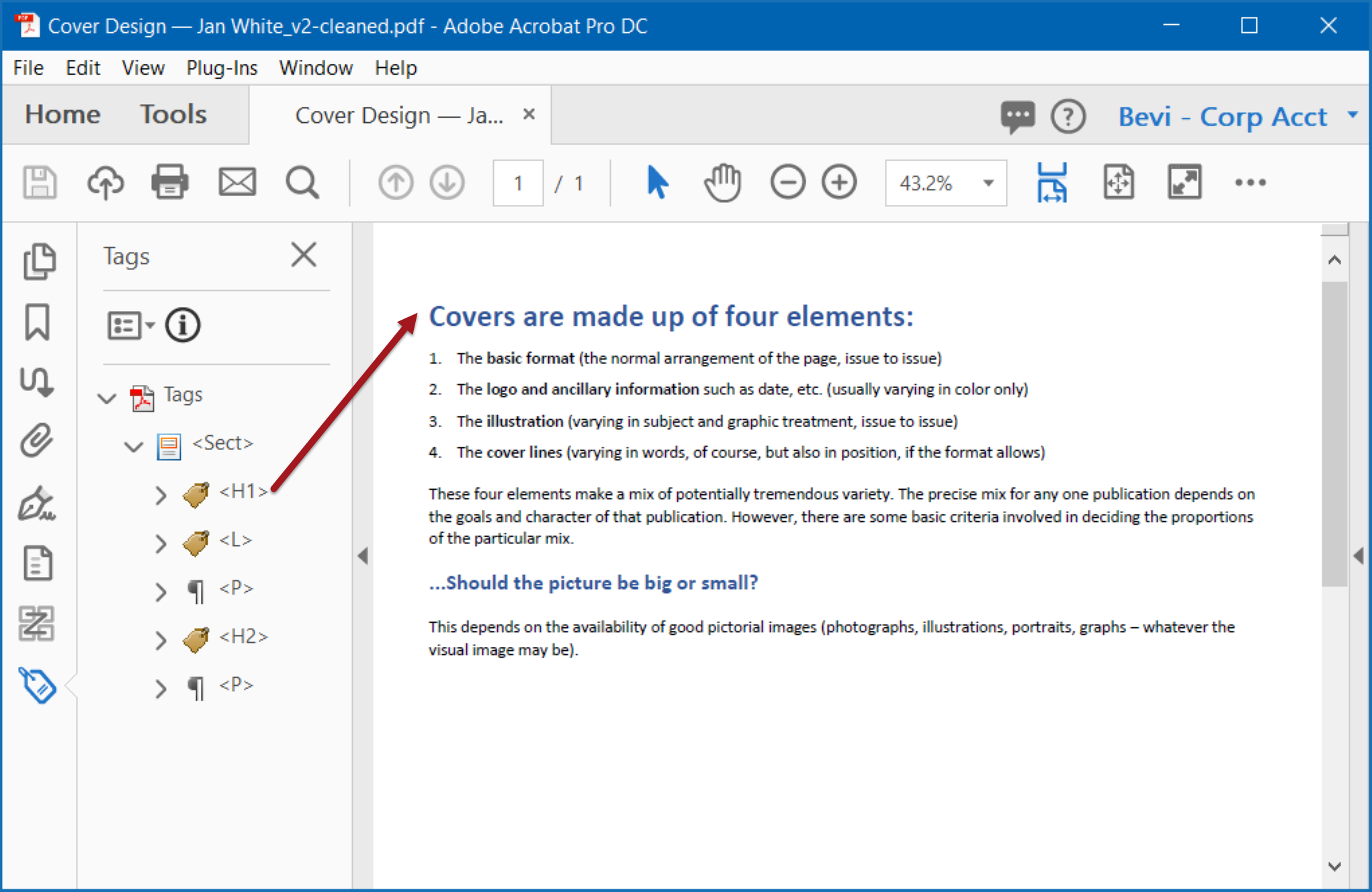 Figure 4: the re-exported PDF from the improved Word document shows H1, H2, and L tags in the tag tree.
