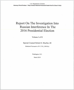 Cover of the Mueller Report, "Report On The Investigation Into Russian Interference In The 2016 Presidential Election."