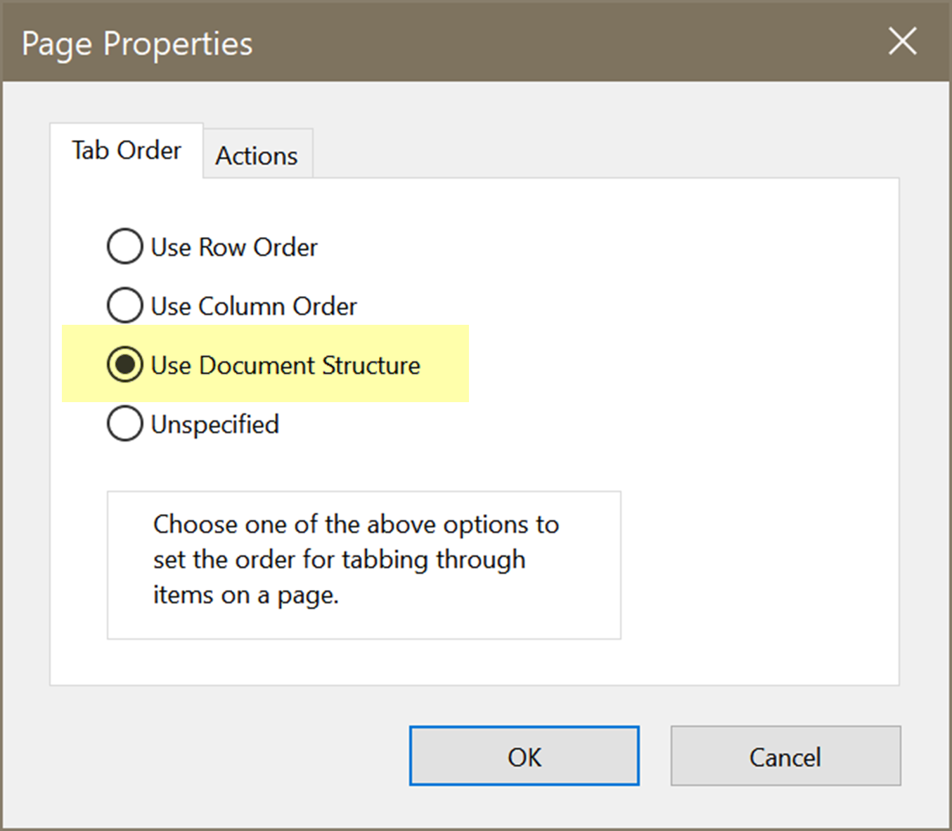 Screen capture of setting the TAB order in the Pages Pane's properties dialogue.