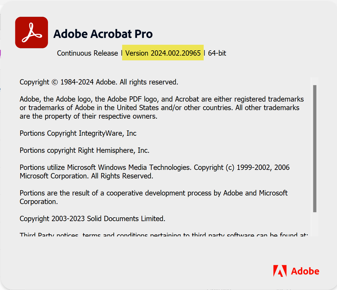 Screen capture of Acrobat Pro's "about" dialogue.