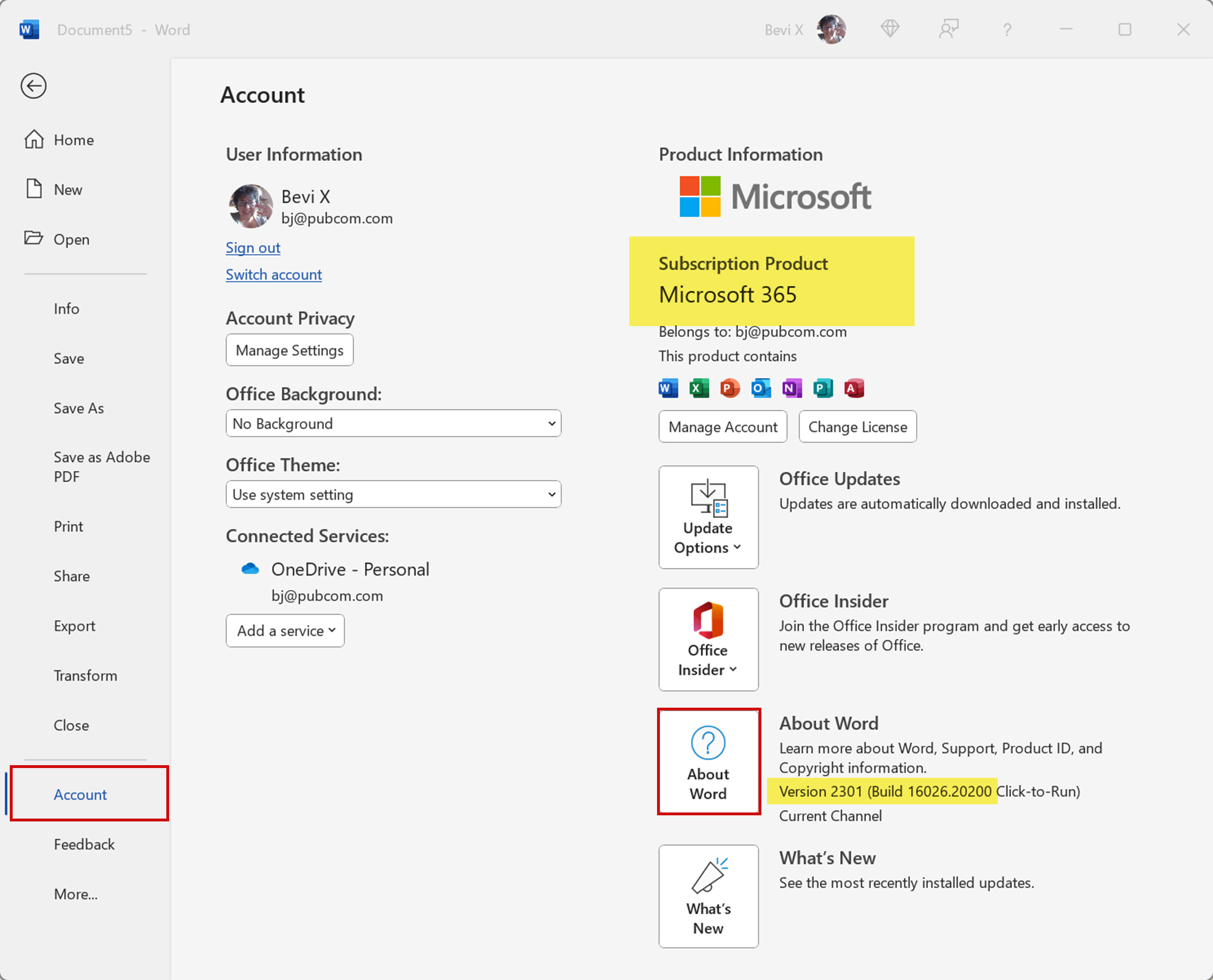 Screen capture shows the version of MS Word.