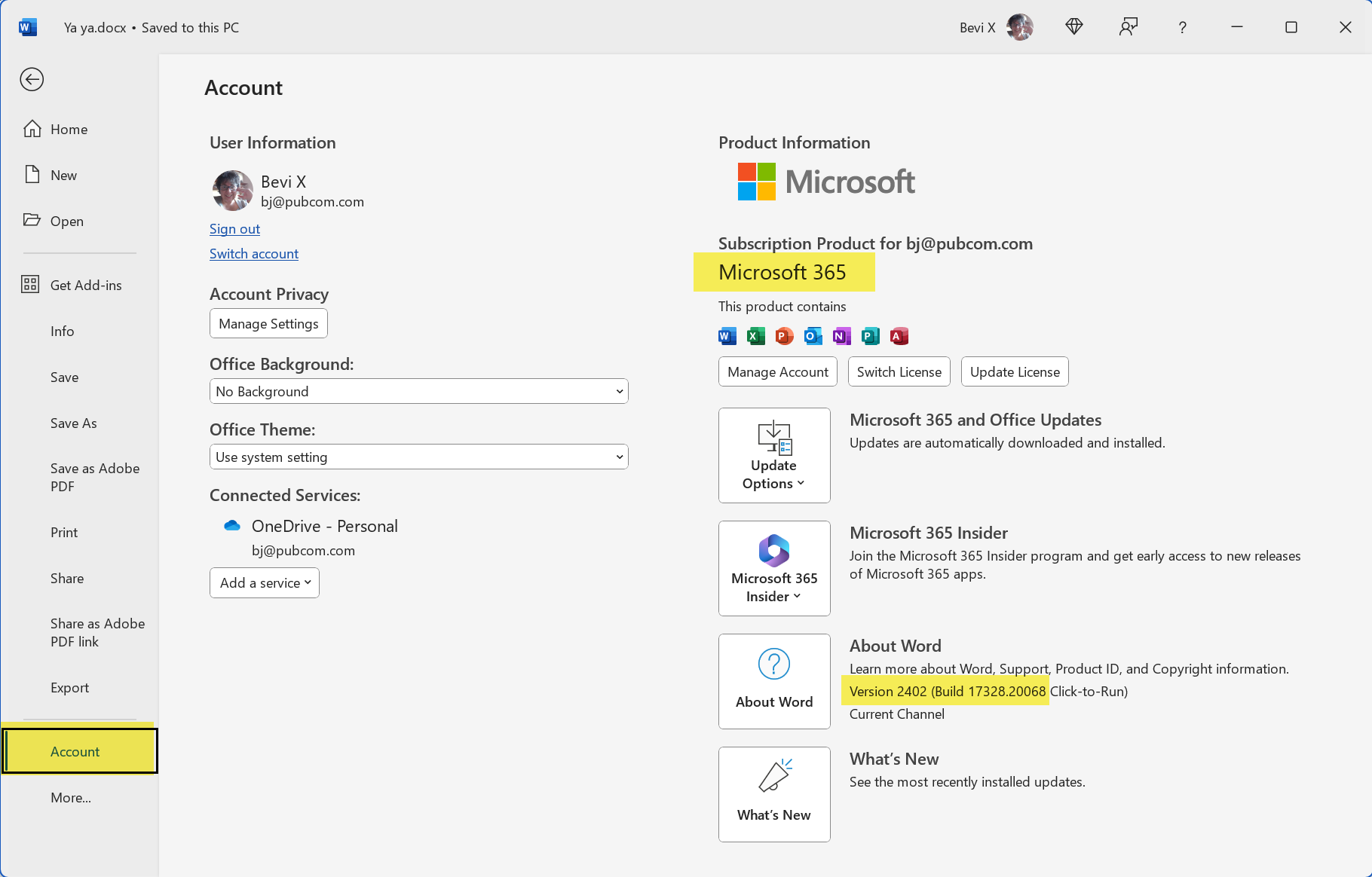 Screen capture shows the version of MS Word in File / Account.