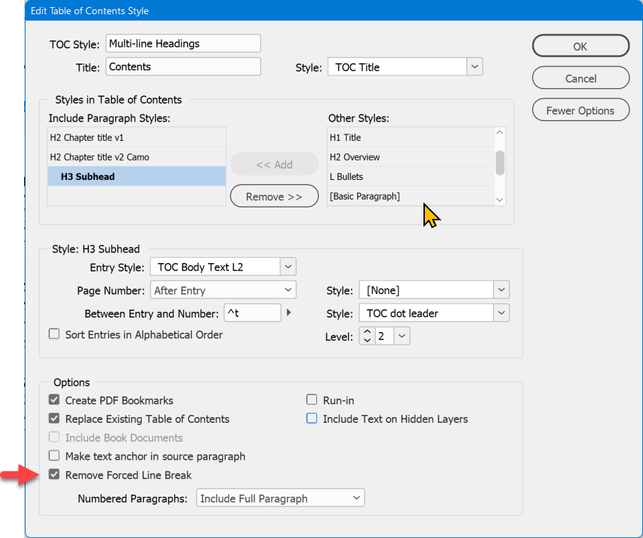 Settings of InDesign's table of contents style for our sample. Note the option to remove the forced line break.