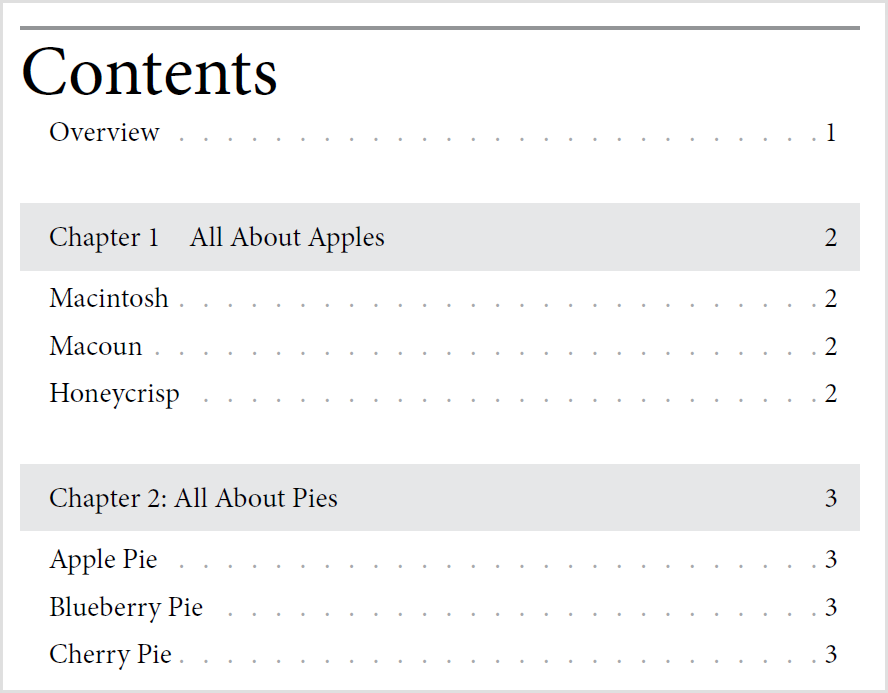 The final design of InDesign's TOC.