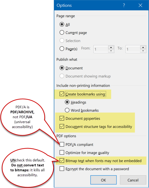 The conversion Options dialogue box. Check Create bookmarks using Headings; Document properties; Document structure tags for accessibility. Be sure to un-check the option to Bitmap text when fonts many not be embedded because this kills all accessibility.