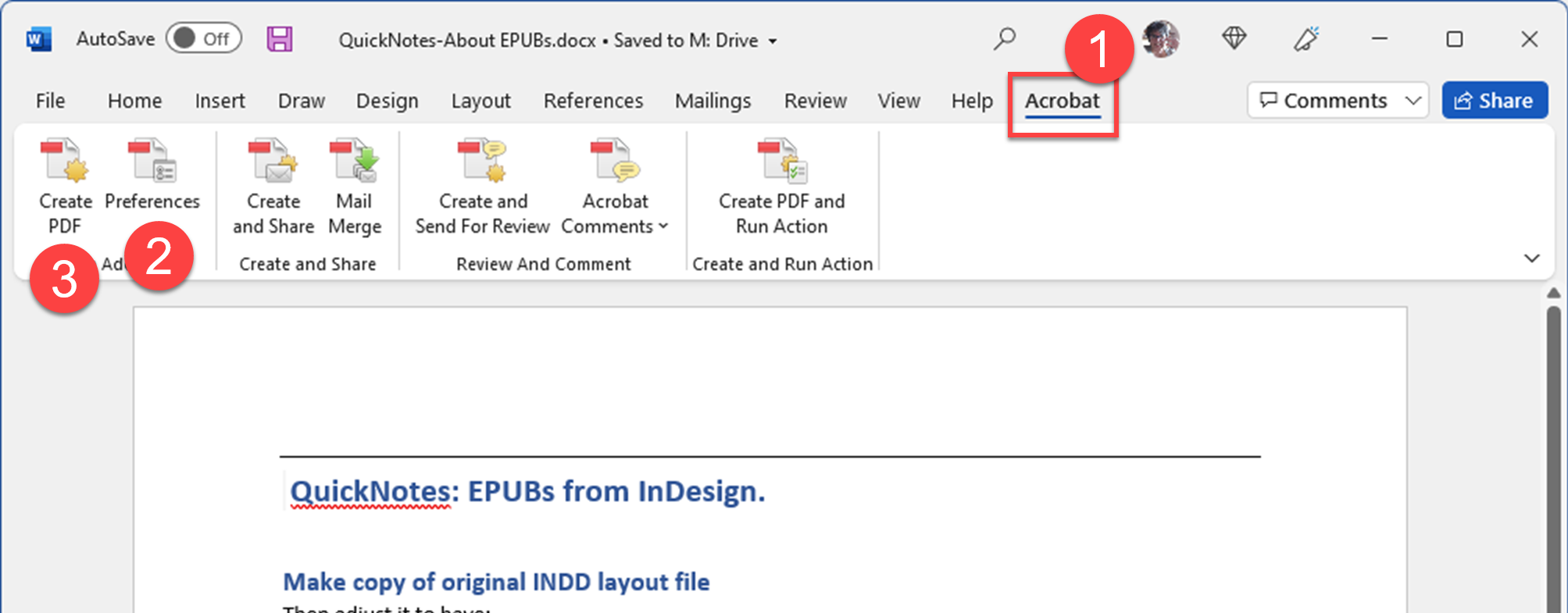 Word interface shows the Acrobat Ribbon and the buttons for Preferences and Create PDF.