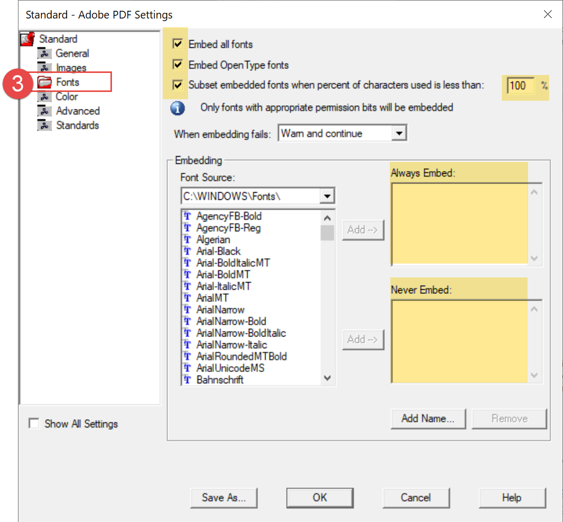 Interface shows the Fonts section of the Advanced Settings. Check these settings: Embed all fonts. Embed OpenType fonts. Subset embedded fonts when percent of characters used is less than 100%. Also remove fonts listed in the fields labled Always Embed and Never Embed.