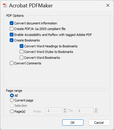 Interface shows the conversion settings for Acrobat PDF Maker. Check these options: COnvert document information. Enable Accessibility and Reflow with tagged Adobe PDF. Create Bookmarks. Convert Word Headings to Bookmarks (or either of hte other 2 options after it).