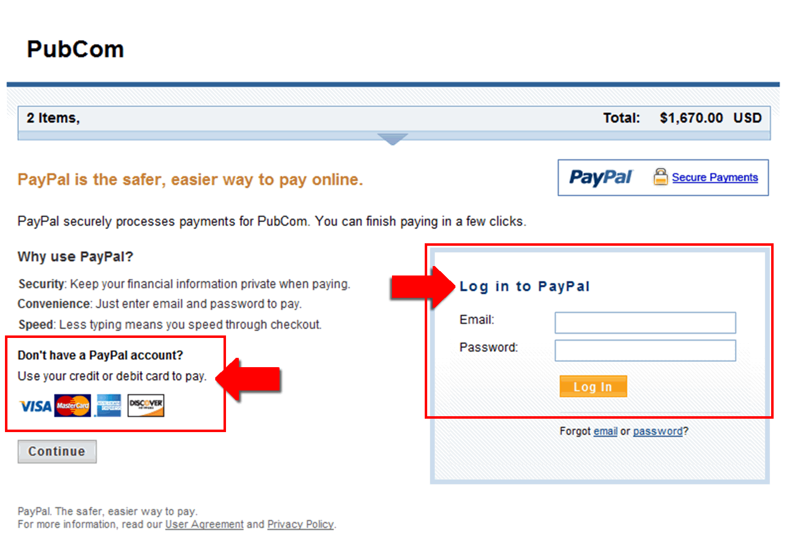 PayPal payment screen for credit cards