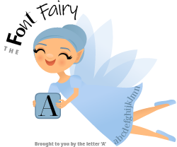 Cartoon of the font fairy holding the letter A.