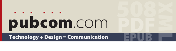 PubCom banner: technology plus design equals communication.