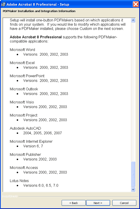 Acrobat 8 installation of plug-ins in common software: MS Office, Lotus Notes, AutoDesk AutoCAD.