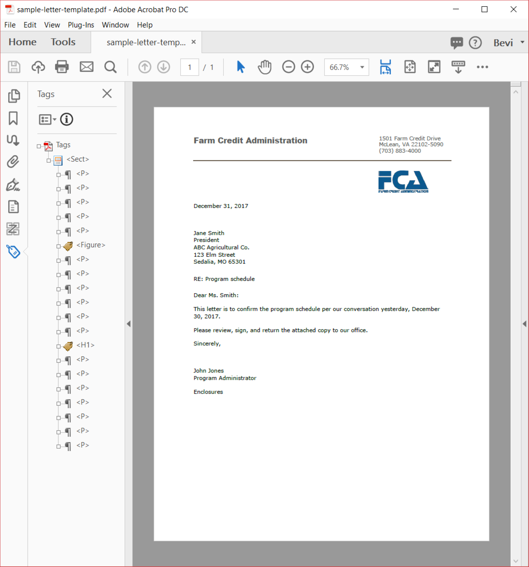Screen capture of a sample letter in Acrobat with the tags panel expanded. 
