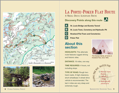 Opening chapter spread shows a detailed topographic map on the left side of the spread, photos of the area, and key waypoints along the route.